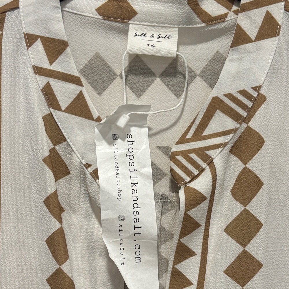 Silk & Salt White and Tan Geometric Print Dress - Picture 4 of 6